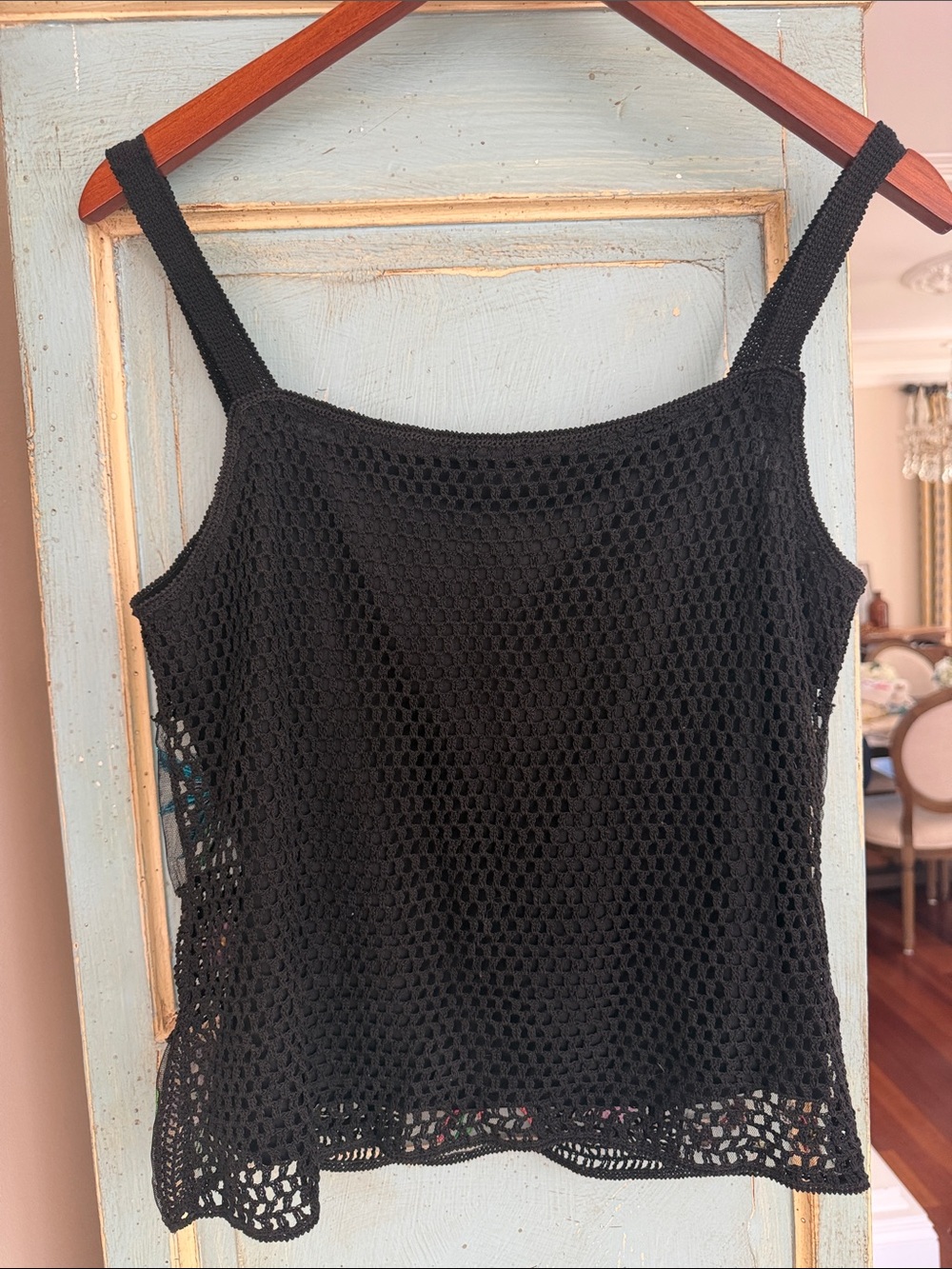 Boho Floral Granny Square Crochet Tank Top Black Embroidered Mesh M - Picture 4 of 12